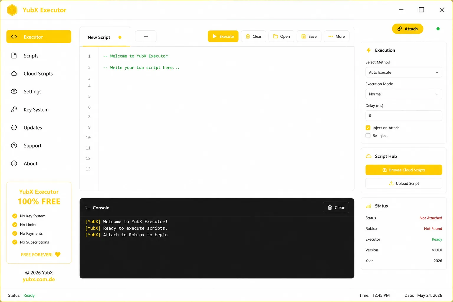 YubX Executor script editor showing multi-tab Lua editor, console output and execution panel
